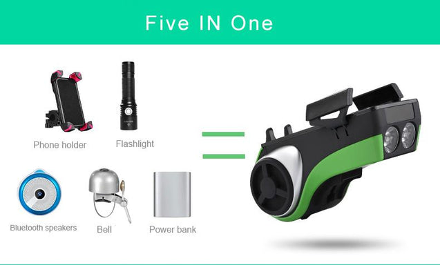 5 In 1 Bike Phone Holder + Bluetooth Audio Player + Power Bank + Bell + Bike Light - Bicycle